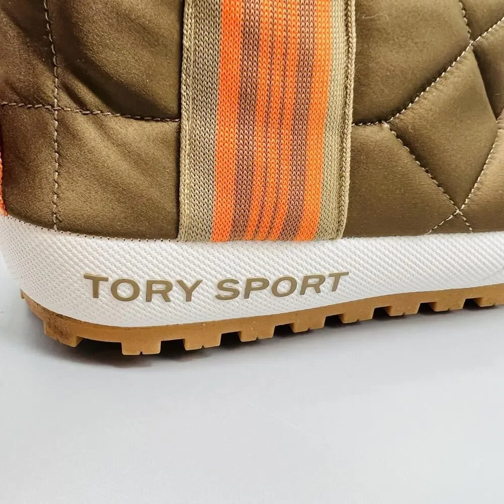 Tory Sport Boots Women 7 Brown Quilted Puffer Mid Calf Pull On Winter Snow Shoes